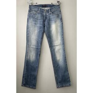Levis Too Superlow 524 Jeans Size 5 Blue Distressed Denim 28X31 LowRise Straight